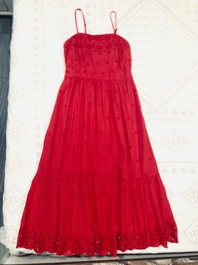 Japna Large 100% Cotton Lined Red Maxi Dress Embroidered Boho Chic